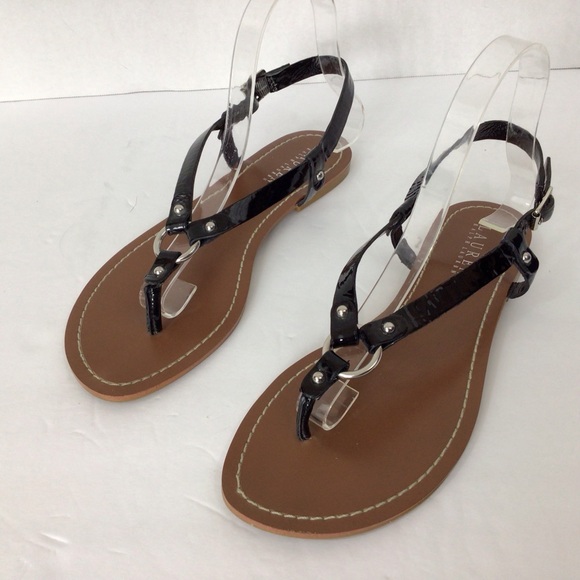 Lauren Ralph Lauren Black Patent Thong Sandals, 8.5B - Picture 1 of 8